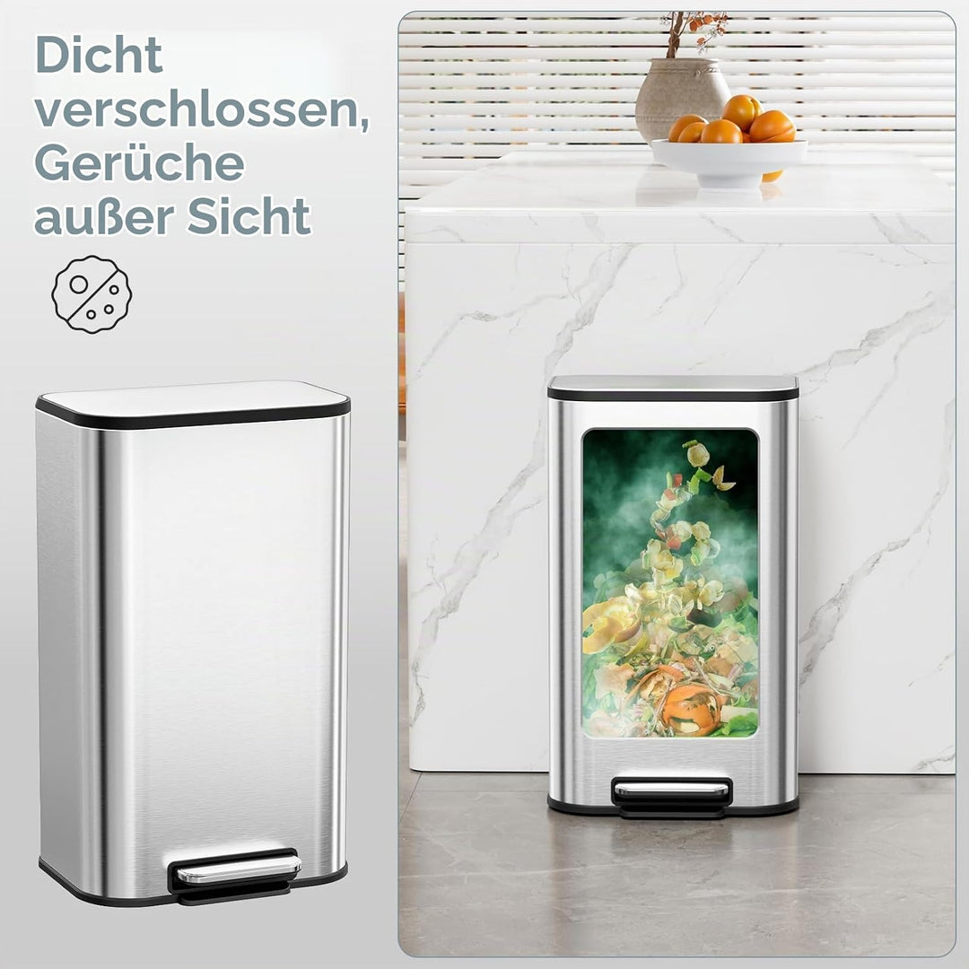 Clevich Mülleimer 30L mit Stahlkorpus und Soft-Close-Funktion, Deckel mit Edelstahloberfläche, abneh