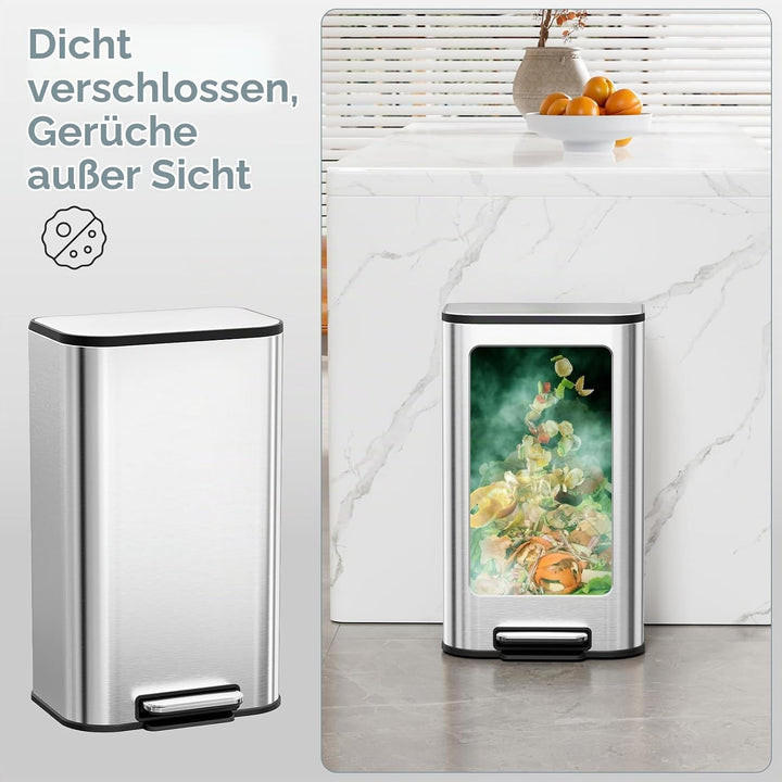 Clevich Mülleimer 30L mit Stahlkorpus und Soft-Close-Funktion, Deckel mit Edelstahloberfläche, abneh
