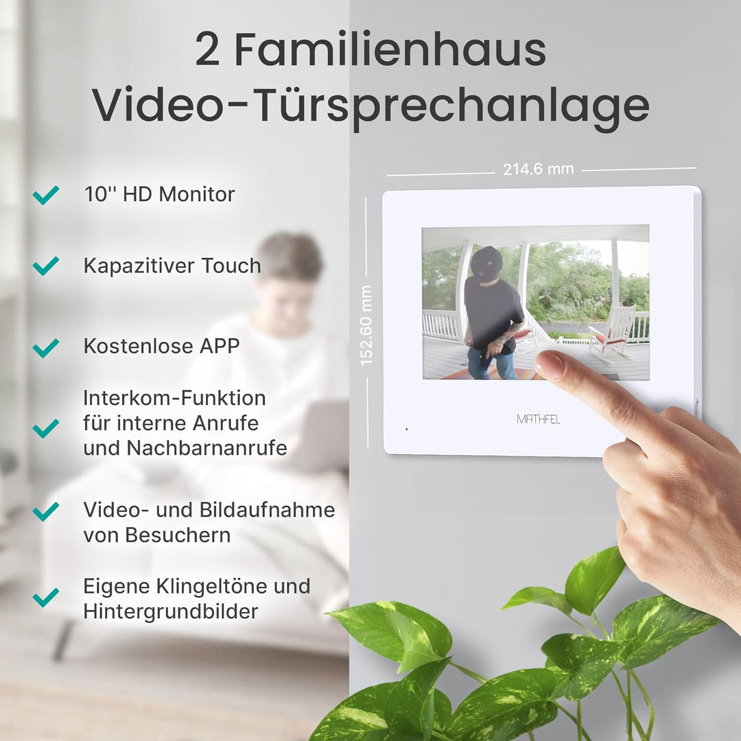 MATHFEL 2 Familienhaus 2 Draht Bus WLAN Video-Türsprechanlage, 10 Zoll Monitor mit Full HD 2 Megapix