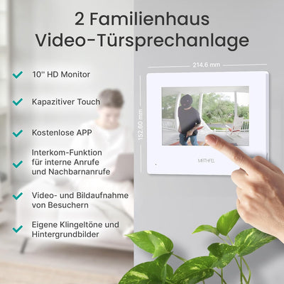 MATHFEL 2 Familienhaus 2 Draht Bus WLAN Video-Türsprechanlage, 10 Zoll Monitor mit Full HD 2 Megapix