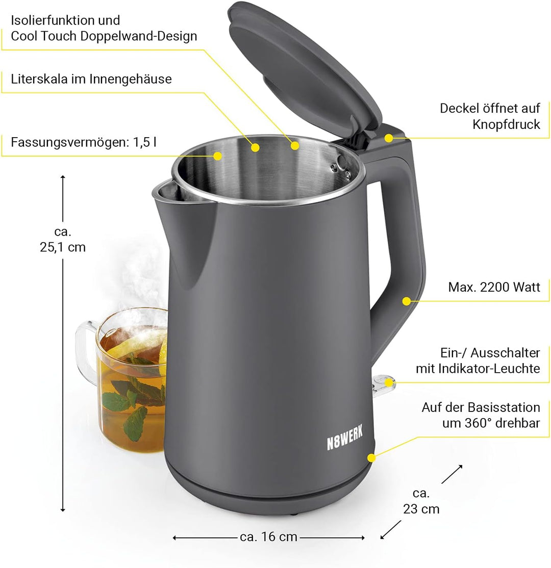 N8WERK Wasserkocher mit Doppelwand-Design in der Nordic Grey Edition | Fassungsvermögen 1,5 Liter, k