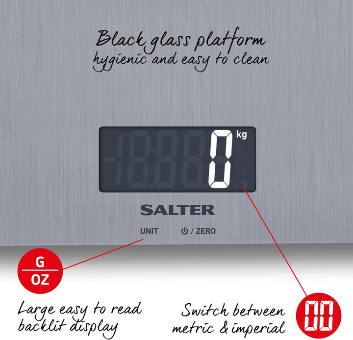 Salter Digitale Küchenwaage Edelstahl – 5 kg Kapazität, LCD Display, Aquatronic Flüssigkeitsmessung