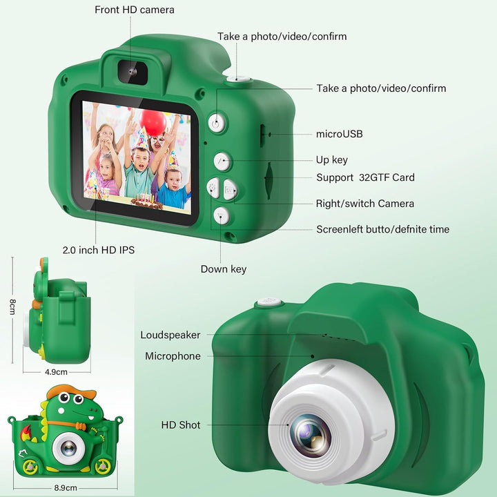 Kinderkamera Dinosaurier, Kinder Kamera 2" Display 1080P, Selfie Digitalkamera Kinder mit 32GB, Foto