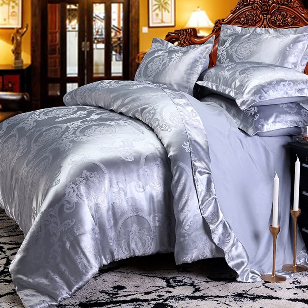 DXHOME Bettwäsche Satin 155x220 cm Silver Grau Hellgrau Wendebettwäsche Jacquard Bettwaesche mit Gol