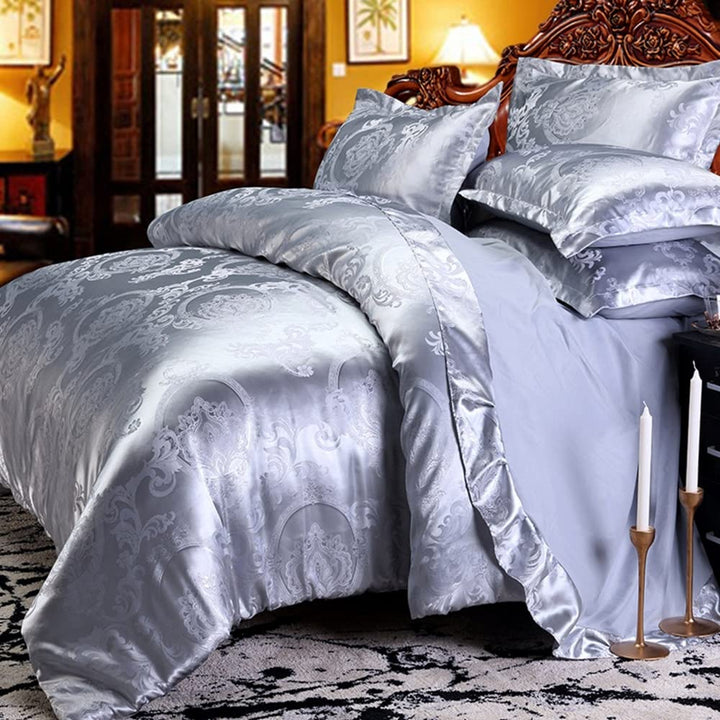 DXHOME Bettwäsche Satin 155x220 cm Silver Grau Hellgrau Wendebettwäsche Jacquard Bettwaesche mit Gol