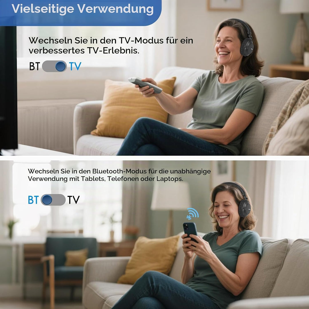SIMOLIO 737D Plus - Kabelloser TV Kopfhörer zum Fernseher, Funkkopfhörer mit Kino &amp; Dialogmodus, Blu