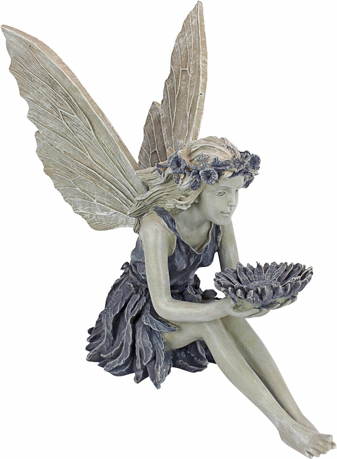 Design Toscano Die Sonnenblumenfee Gartenstatue Vogeltränke, Polyresin, stein, 51 cm, Sonnenblumen