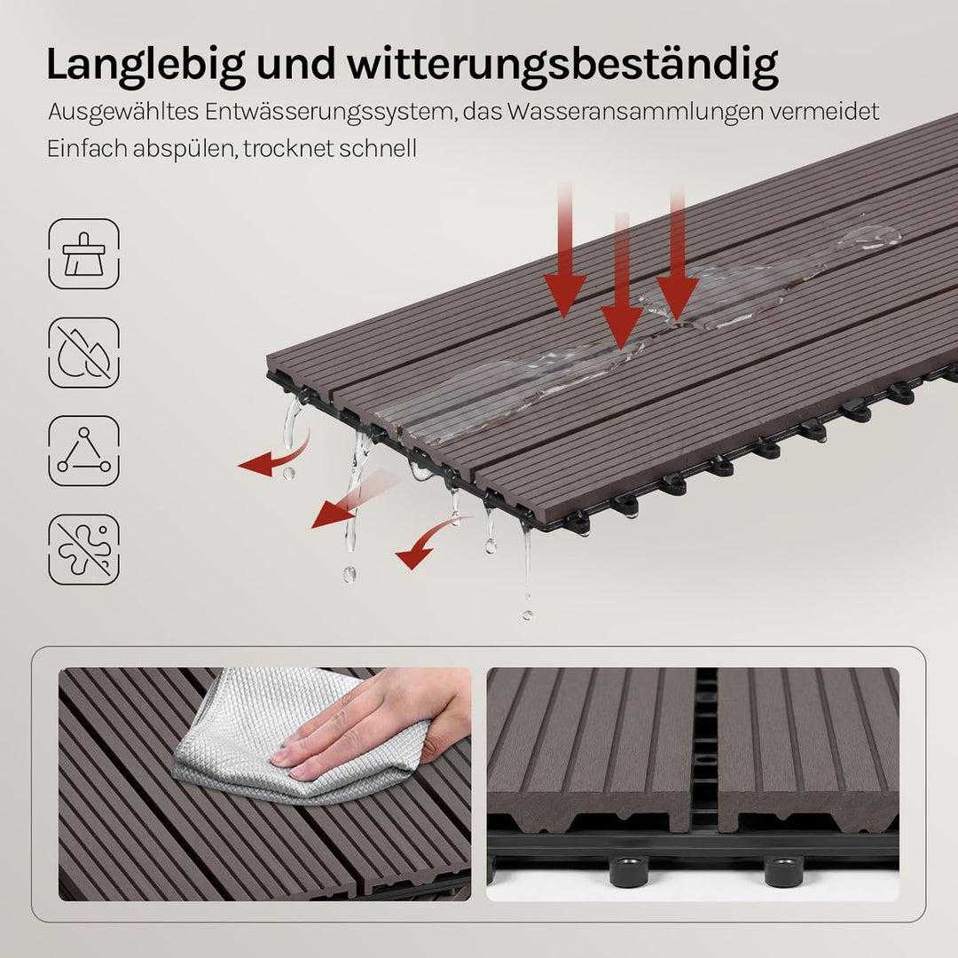 WOLTU WPC Terrassenfliesen Terrassendielen Holz-Optik 30x60cm, Fliese Bodenfliese Klickfliese mit kl