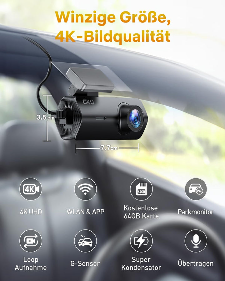 GKU 4K Dashcam Auto,Dashcam Auto vorne,Mini Auto Kamera mit integriertem WLAN,170° Weitwinkel,Nachts