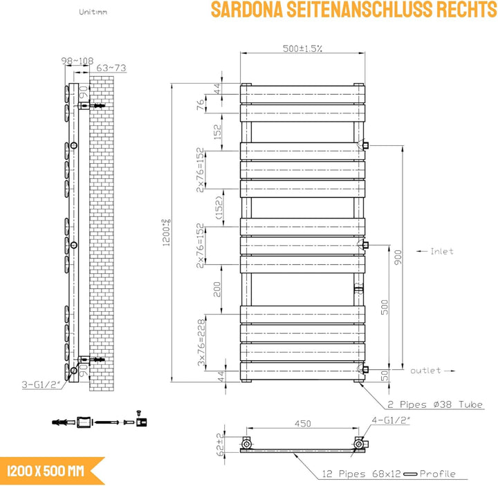 WITEN&NOCK Designheizkörper Badheizkörper 1200x 500 mm Anthrazit Handtuchheizung Handtuchtrockner Se