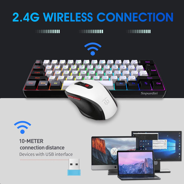 Snpurdiri 60% Prozent Tastatur Maus Set Kabellos, Wireless Gaming Combo, Enthalten 2.4G Small Mini 6