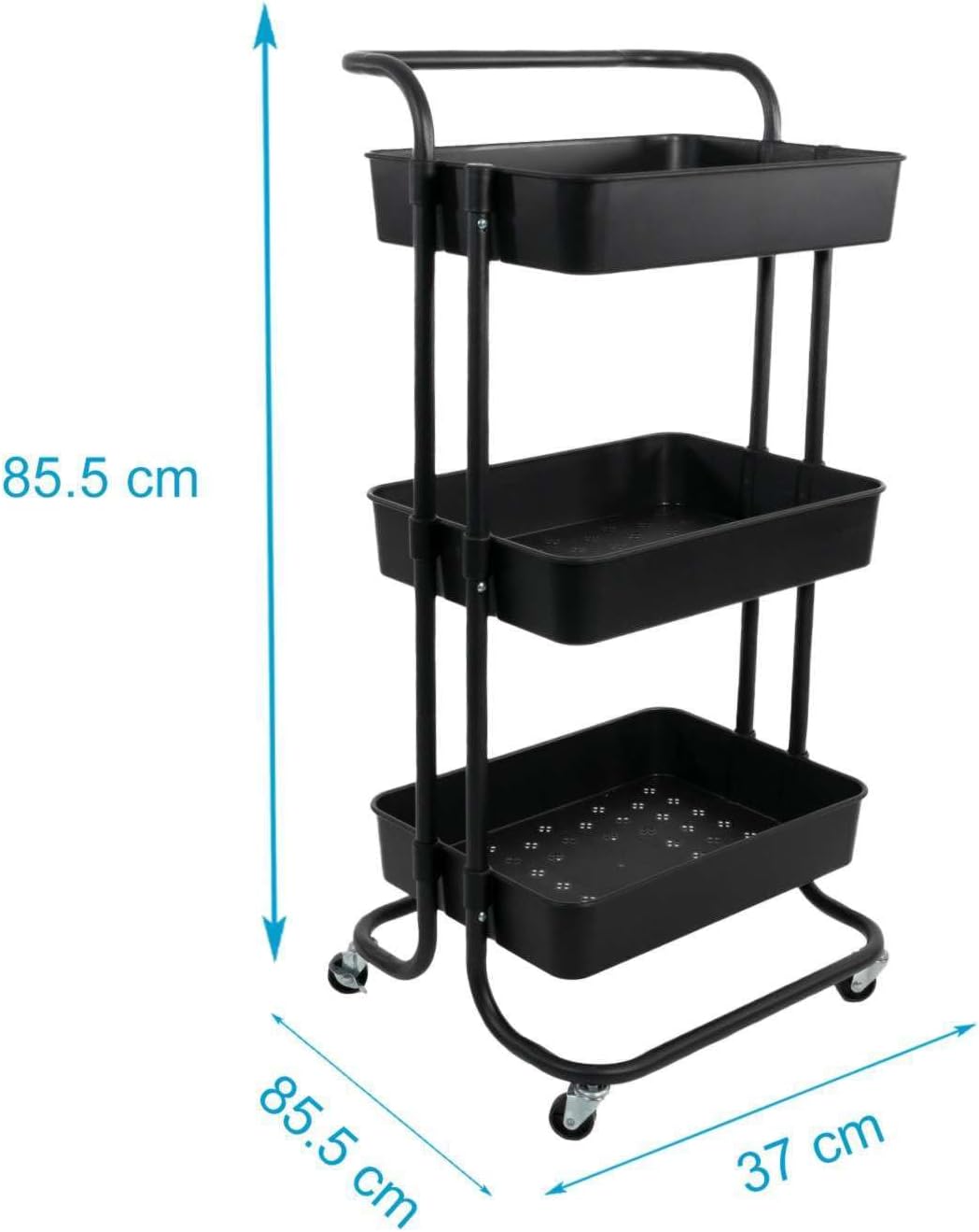 INTIRILIFE Rollwagen mit 3 Ebenen in Schwarz - 42 x 37 x 85.5 cm - Servierwagen mit Griff Aufbewahru