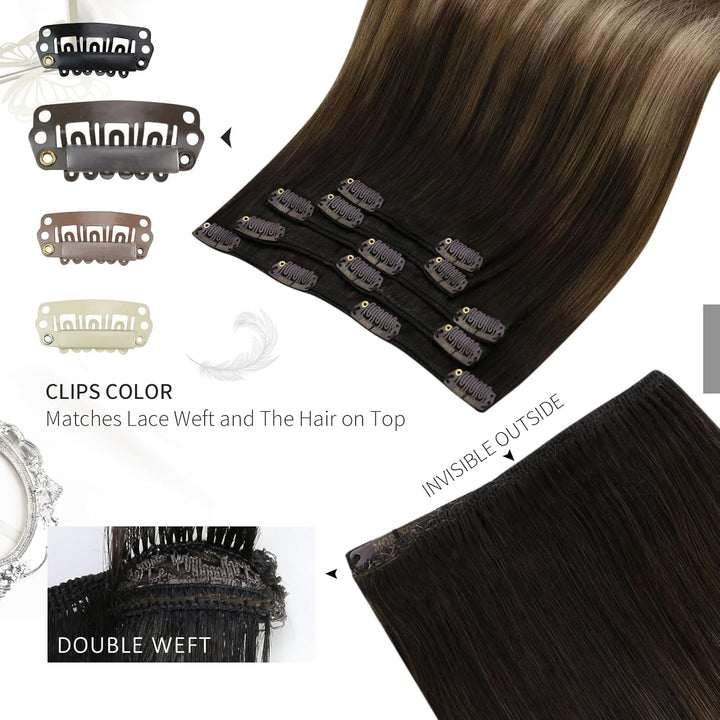 Moresoo Extensions Echthaar Clip Balayage Remy Clip in Extenson Echthaar Ombre Doppelt Tressen Haarv