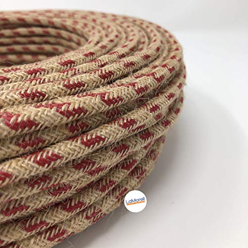 Textilkabel für Lampe, Stoffkabel 3-adrig (3x0,75mm²) - Jute/Kirsche. Made in Italy (10 Meter), 10 M