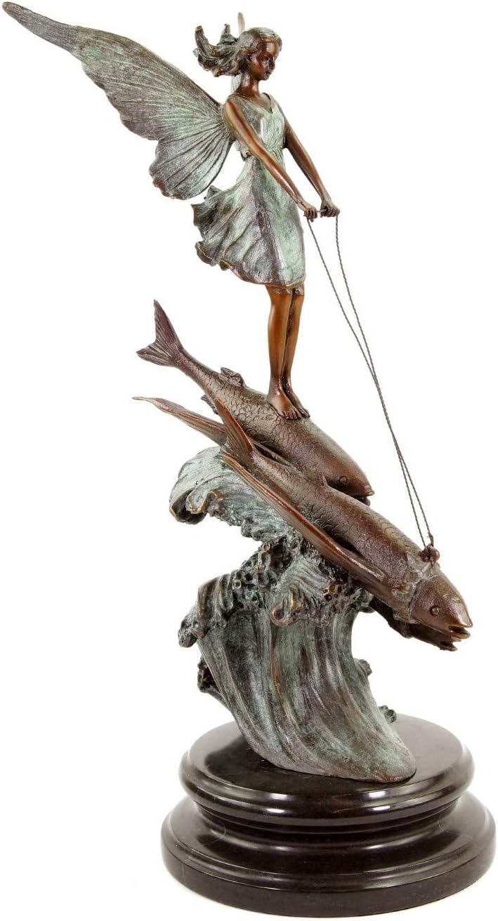 Limitierte Jugendstilfigur - Elfe reitet Fliegende Fische - signiert Milo - nummerierte Statue auf M