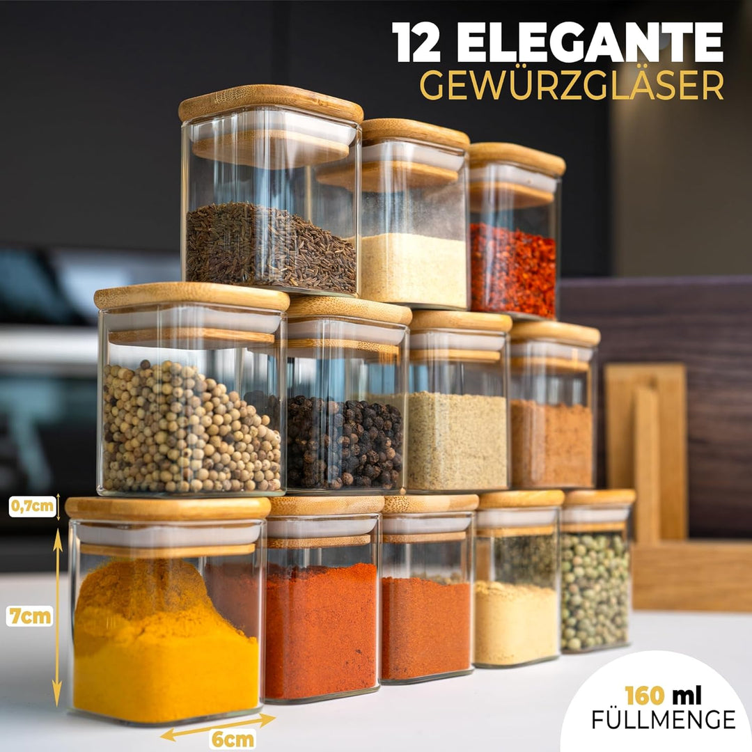 CLIDOR ® - Gewürzgläser Eckig - 12 x 160 ML ( innovative 3mm Glasdicke ) luftdichte Gewürzdosen - st