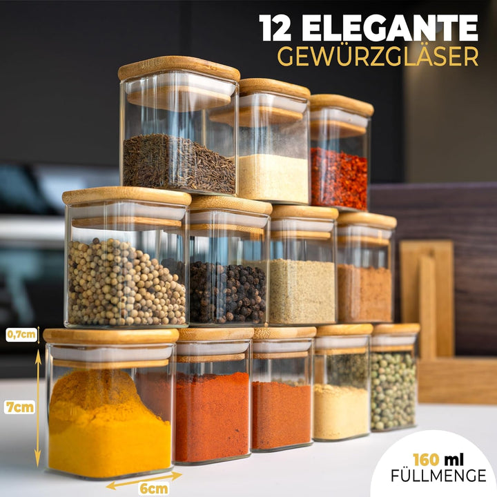 CLIDOR ® - Gewürzgläser Eckig - 12 x 160 ML ( innovative 3mm Glasdicke ) luftdichte Gewürzdosen - st