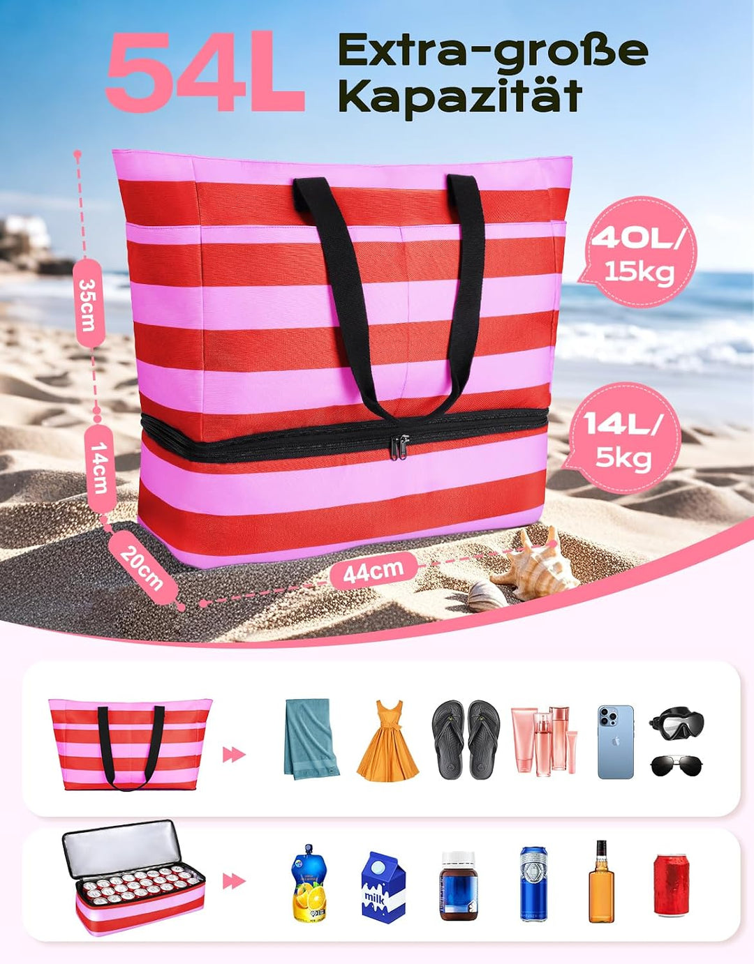 CIRYCASE Strandtasche XXL Familie mit Kühlfach, 54L Grosse Badetasche Strandtasche mit Reissverschlu