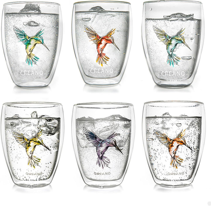Creano doppelwandige Gläser Hummi, Latte Macchiato, Thermoglas mit Kolibri im 6-er Set, 250 ml, in d
