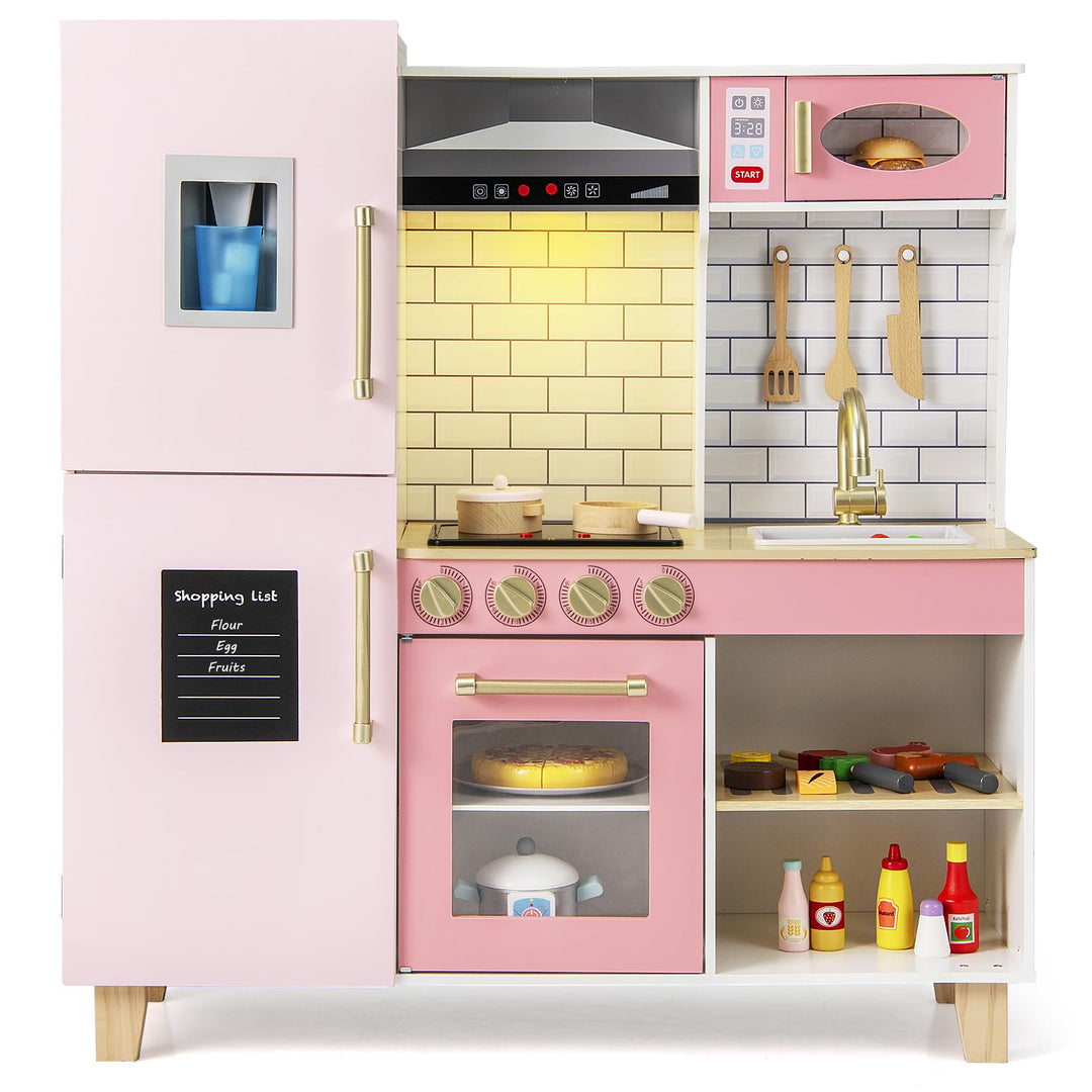 DREAMADE Kinderküche Holz mit 10 TLG. Zubehör, Holzküche Kinder Küche mit Herd Dunstabzugshaube Eism