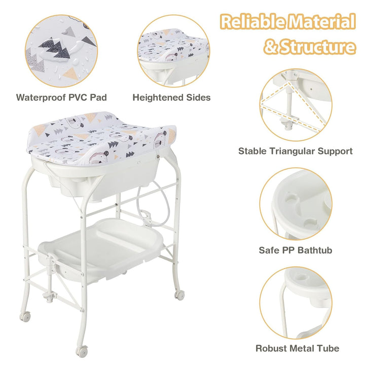 LIFEZEAL Wickeltisch mit Badewanne, 2 in 1 Flatbare Bade-Wickelkombination auf Räder, Badewannenaufs