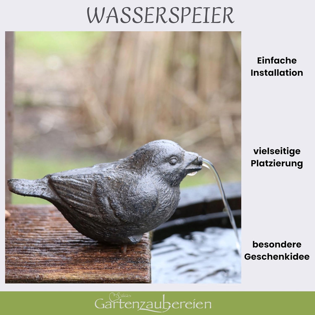 Storm's Gartenzaubereien Wasserspeier - Spatz aus Gusseisen mit Pumpe für Miniteich