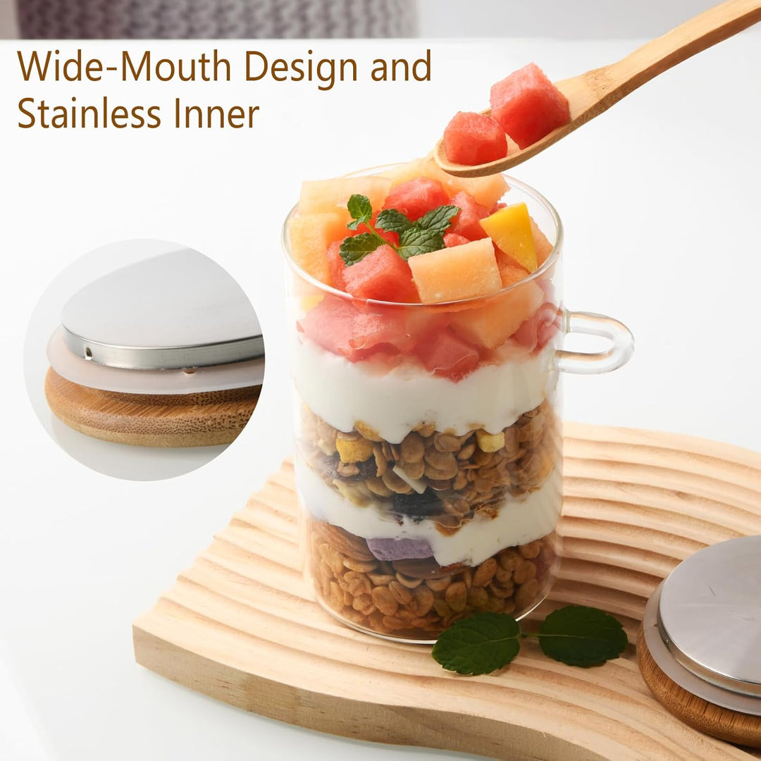 YBCPACK 4 Stück Overnight Oats Gläser 500ml, Vorratsgläser mit Bambusdeckel & Löffel, auslaufsichere