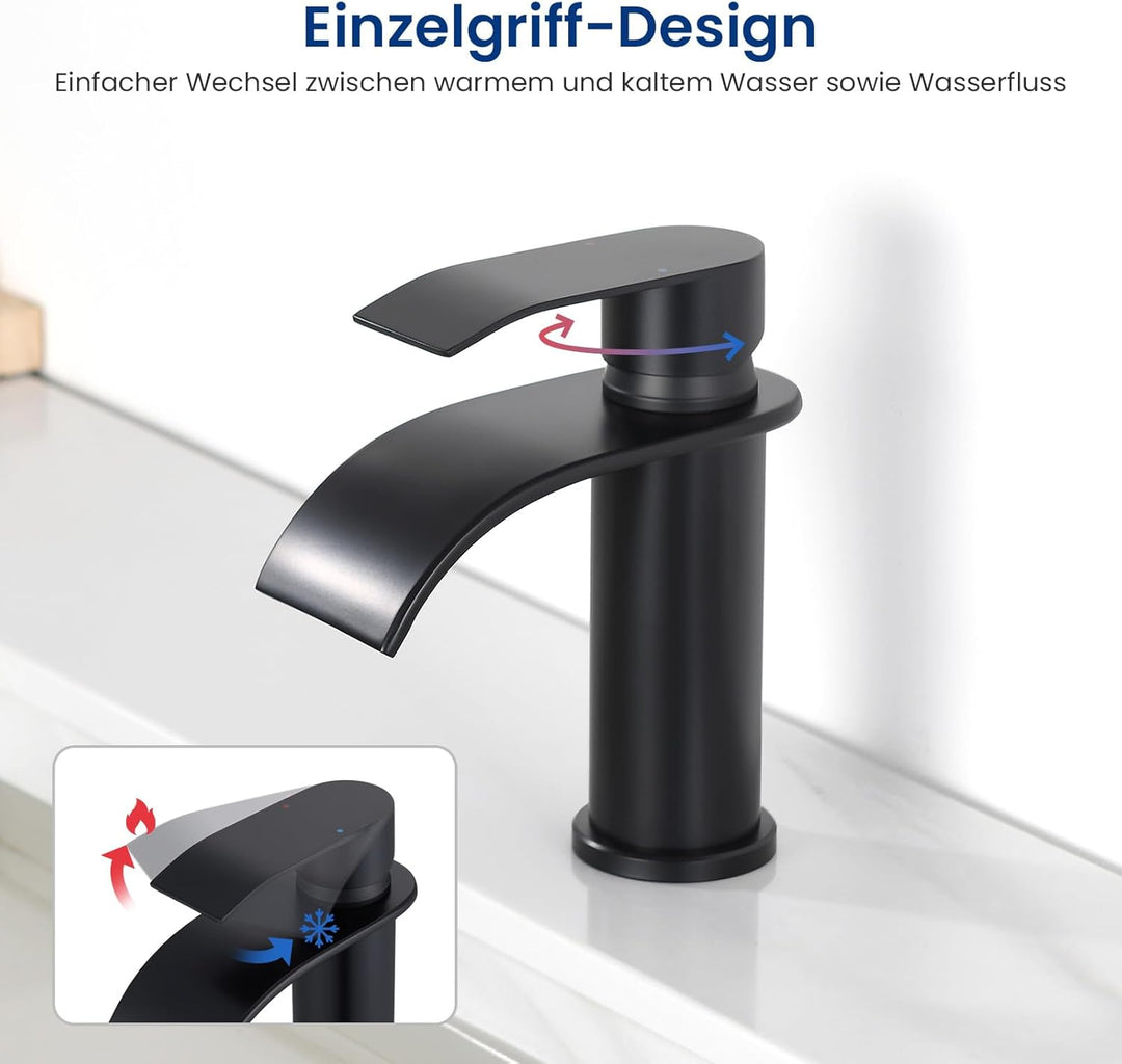 CECIPA Wasserhahn Bad Schwarz, Wasserfall Waschtischarmatur mit Auslauf Höhe 86 MM, Edelstahl Einhan