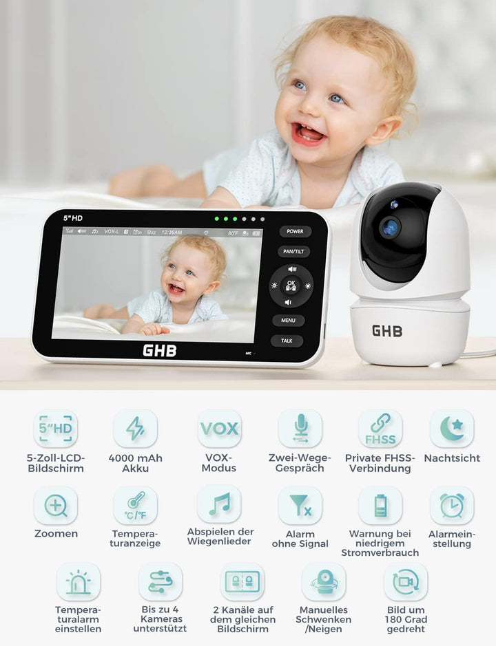 GHB Babyphone mit 2 Kameras 5 Zoll 720P HD IPS-Display Babyphone Kamera VOX-Modus Gegensprechen Nach