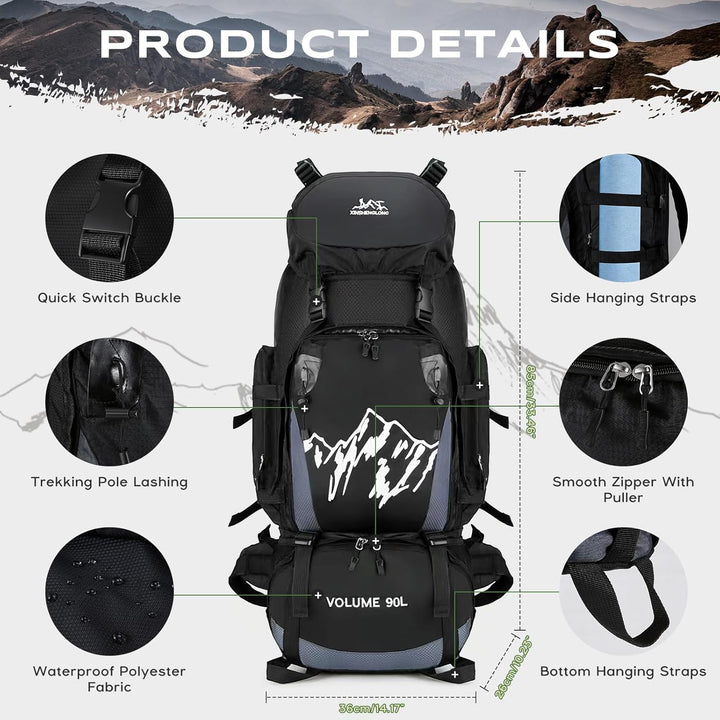 Wanderrucksack Herren Damen 90L Trekkingrucksack Reiserucksack Grosser Wasserdicht Wandern Rucksack