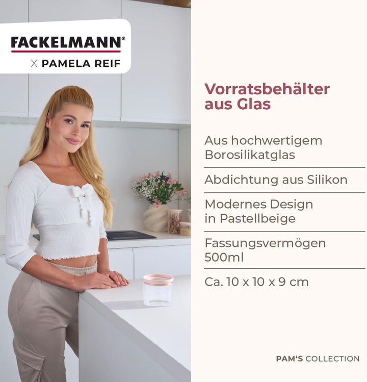 FACKELMANN x Pamela Reif Vorratsbehälter aus Glas mit Silikondichtung – 4 Stück in pastell-beige, 50