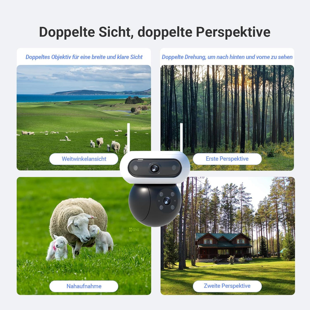 EZVIZ 4G Überwachungskamera Aussen Solar mit 10400mAh Akku, 4MP+4MP Dual-lens, 360° PTZ Auto-Track,