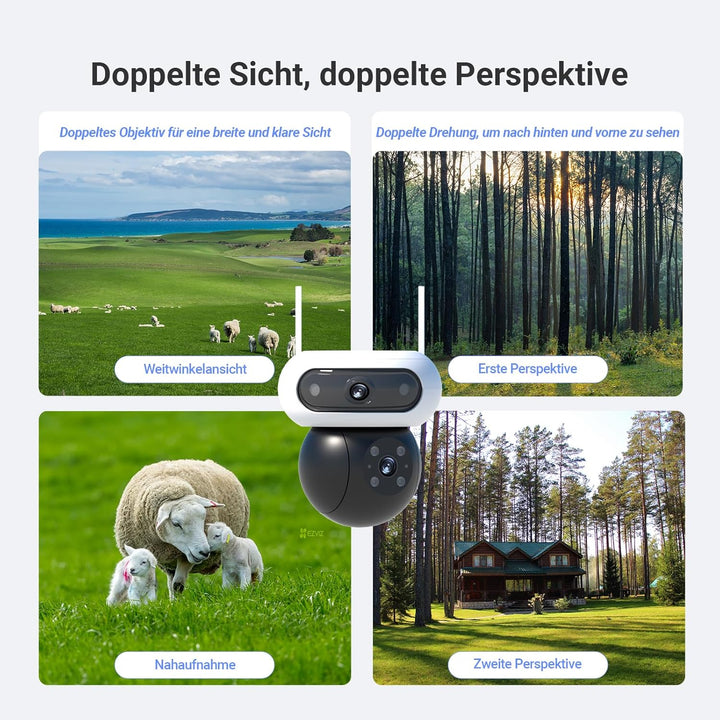 EZVIZ 4G Überwachungskamera Aussen Solar mit 10400mAh Akku, 4MP+4MP Dual-lens, 360° PTZ Auto-Track,