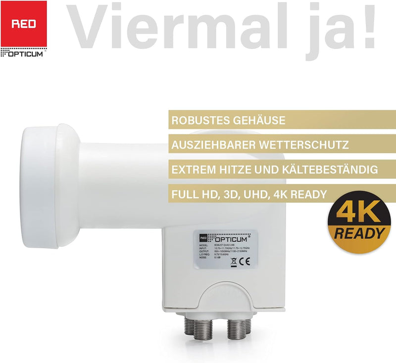 RED OPTICUM Robust Quad LNB Hitze- & kältebeständiger Digital-LNB 4-Fach mit nur 0.1dB Rauschmass un