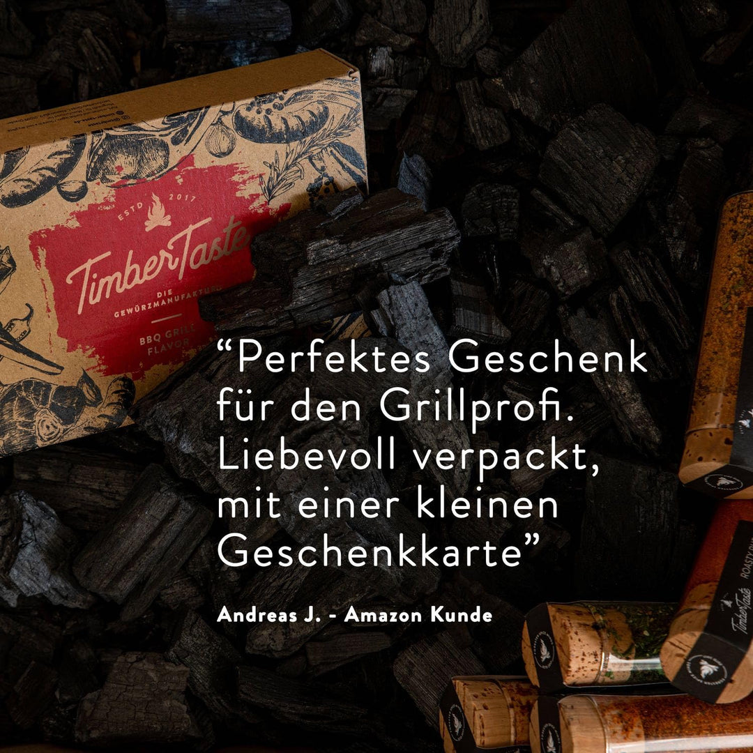 TIMBER TASTE® Grill Gewürze Geschenkset Männer | 5 erlesene BBQ Grillgewürze inkl. Rezepte | Grill Z