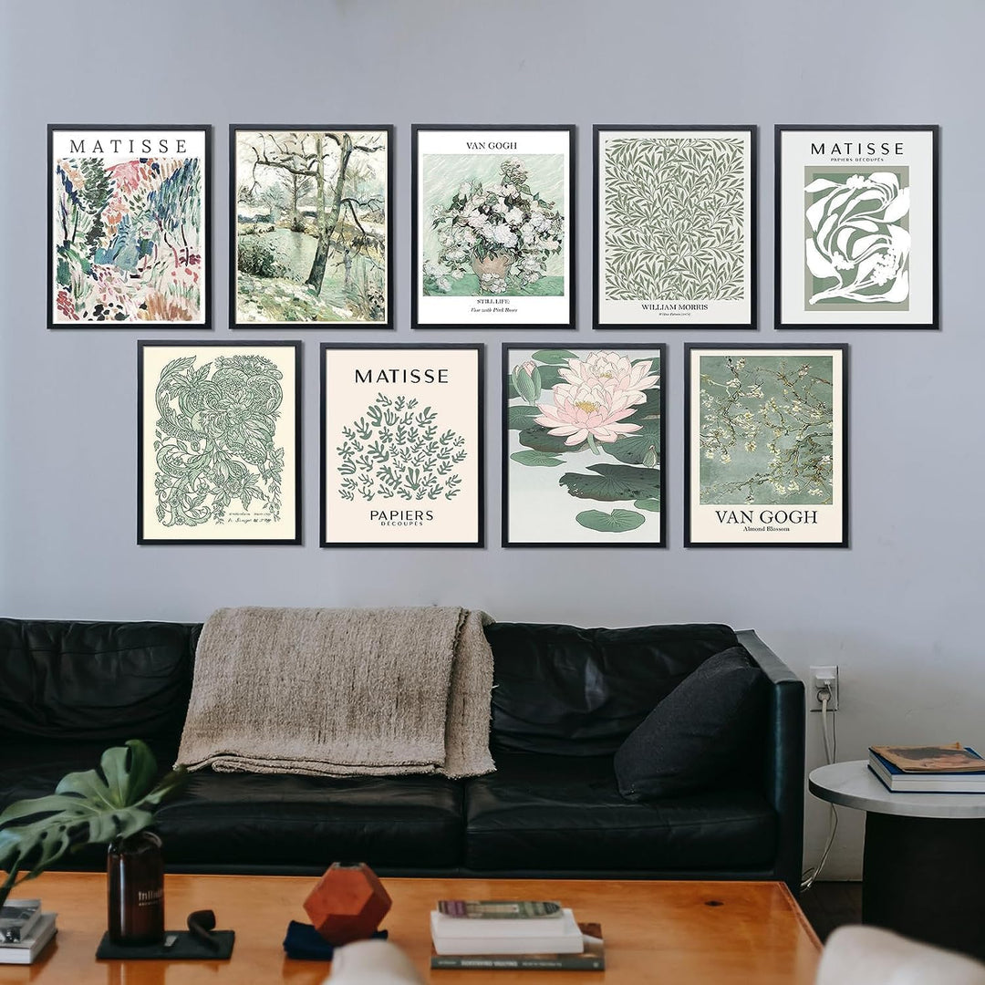 Flower Wall Art, Blumenposter Vintage Blassgrün, Sage Green Matisse Wall Art Set 9 / Minimalist Unfr