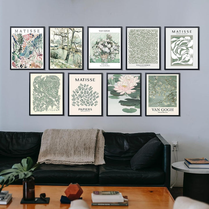 Flower Wall Art, Blumenposter Vintage Blassgrün, Sage Green Matisse Wall Art Set 9 / Minimalist Unfr