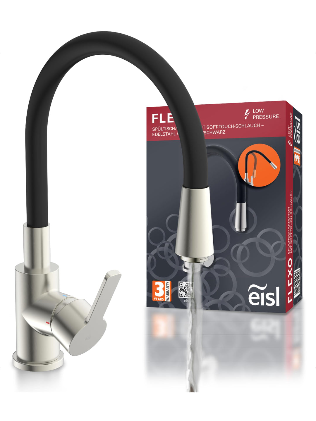 EISL Flexo Edelstahl/Schwarz Flexible Spültischarmatur Niederdruck, biegsamer Wasserhahn für die Küc