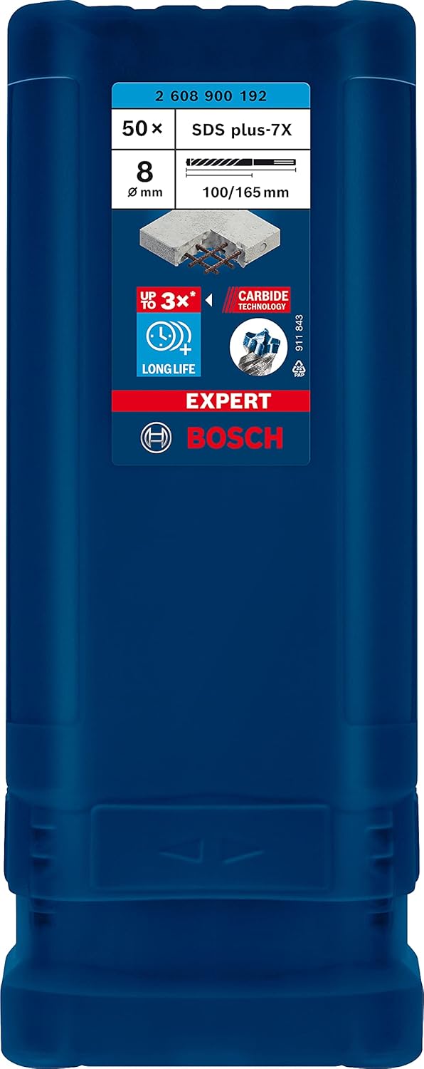 Bosch Professional 50x Expert SDS plus-7X Hammerbohrer (für Stahlbeton, Ø 8,00x165 mm, Zubehör Bohrh