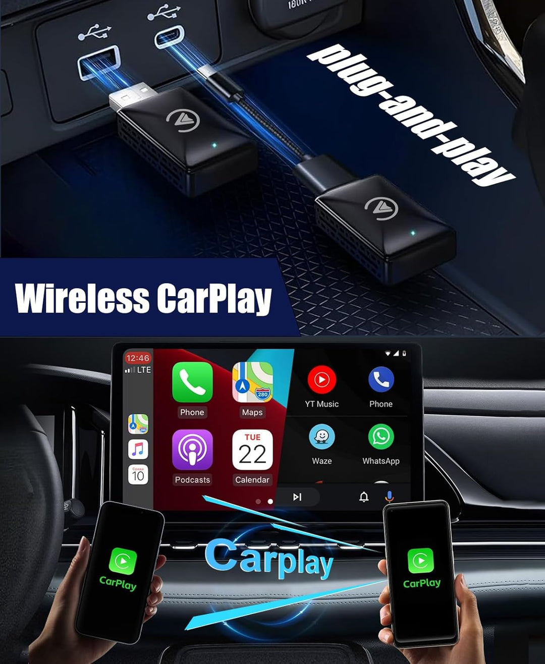 Robofun Carplay Wireless Adapter, Car Connect Pro Car Play kabellos, Plug and Play, Bluetooth 5.0, S