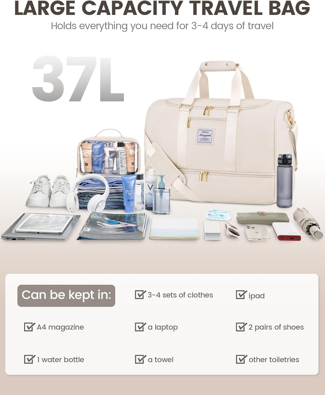 LOVEVOOK Sporttasche Reisetasche Damen, Weekender Travel Duffle Bag mit Kulturtasche, Schuhfach & Na