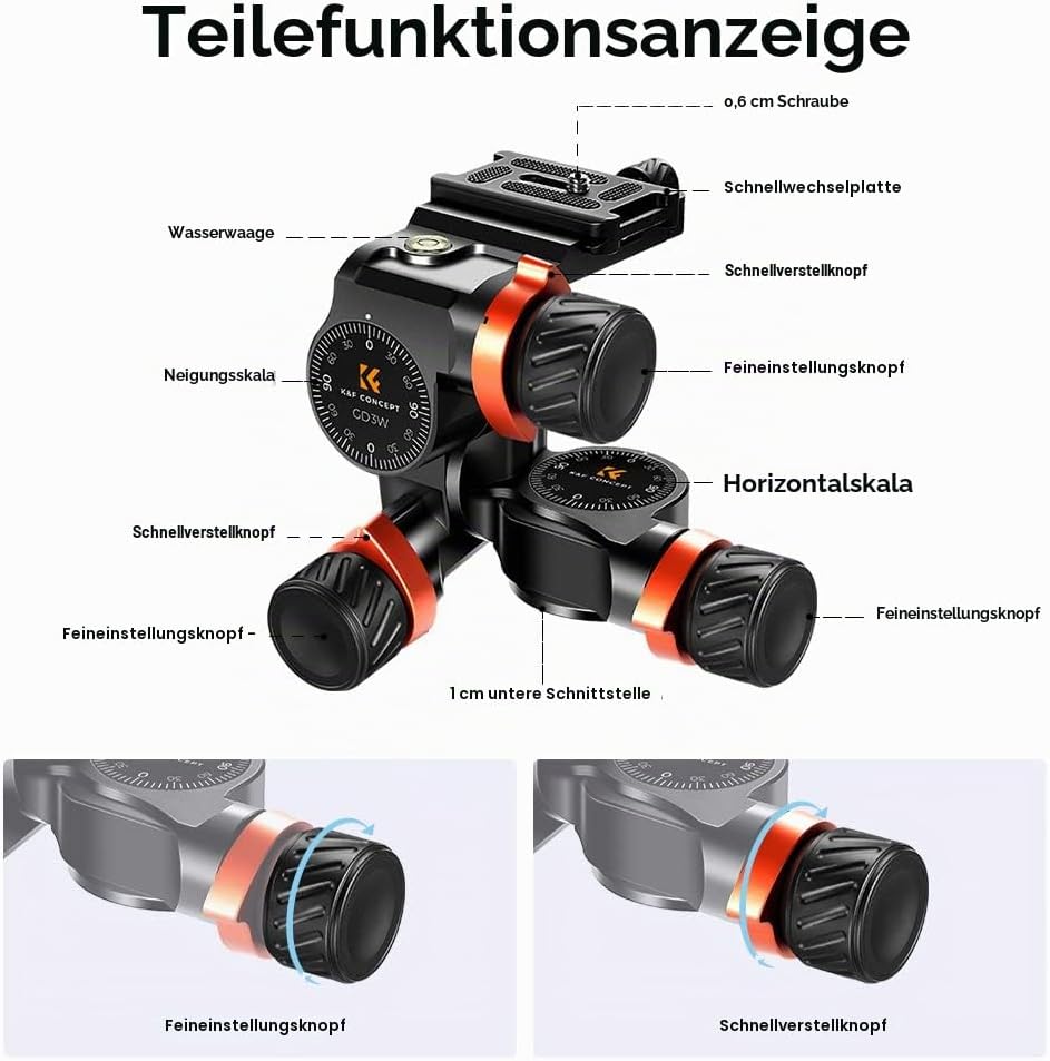 K&amp;F Concept 3-Wege-Neiger, Geared Tripod Head, CNC Process Aluminum Alloy Getriebeneiger für Kameras