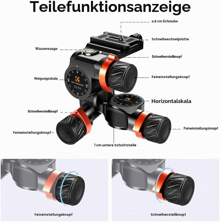 K&amp;F Concept 3-Wege-Neiger, Geared Tripod Head, CNC Process Aluminum Alloy Getriebeneiger für Kameras