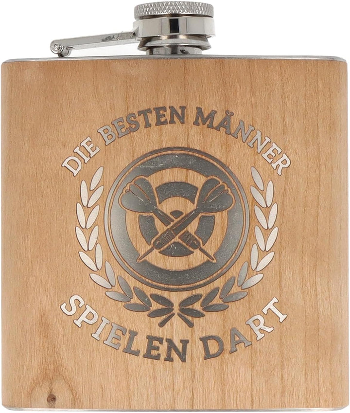 Spruchreif | Flachmann aus Edelstahl mit Gravur | Flachmann aus Holz | Geschenkidee Darts | Outdoor