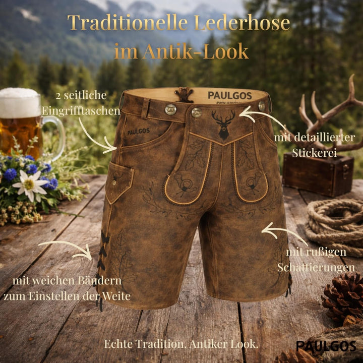 PAULGOS Herren Trachten Lederhose HK5-ANTIK + Träger, Echtes Leder, Gr. 44-60 44 Whiskybraun, 44 Whi