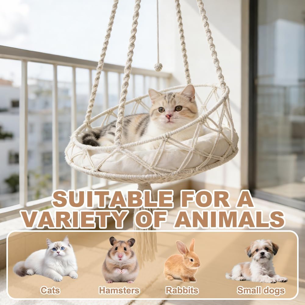 Katzenschaukel, HOVCEH Boho Makramee Katzen Hängematte mit Katzenspielzeug-Stick, 40cm Katzenhängema