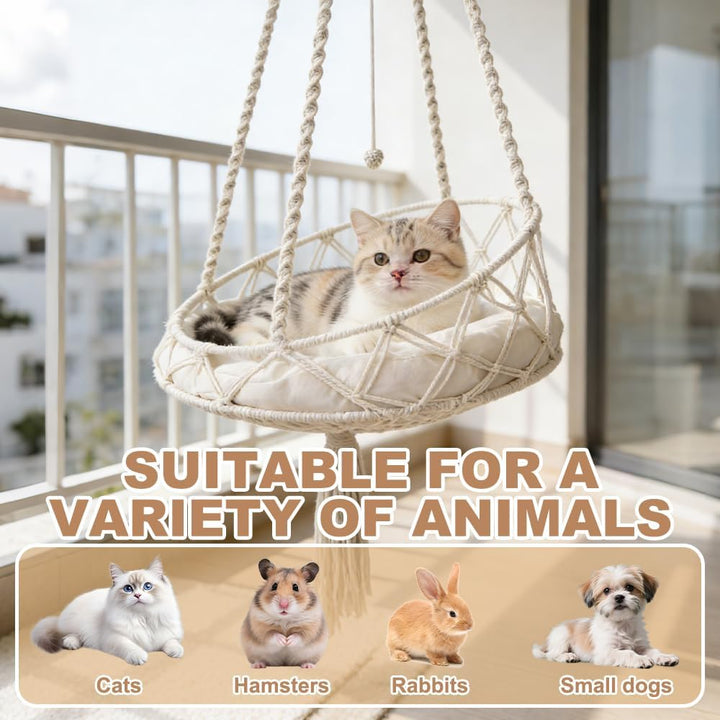Katzenschaukel, HOVCEH Boho Makramee Katzen Hängematte mit Katzenspielzeug-Stick, 40cm Katzenhängema