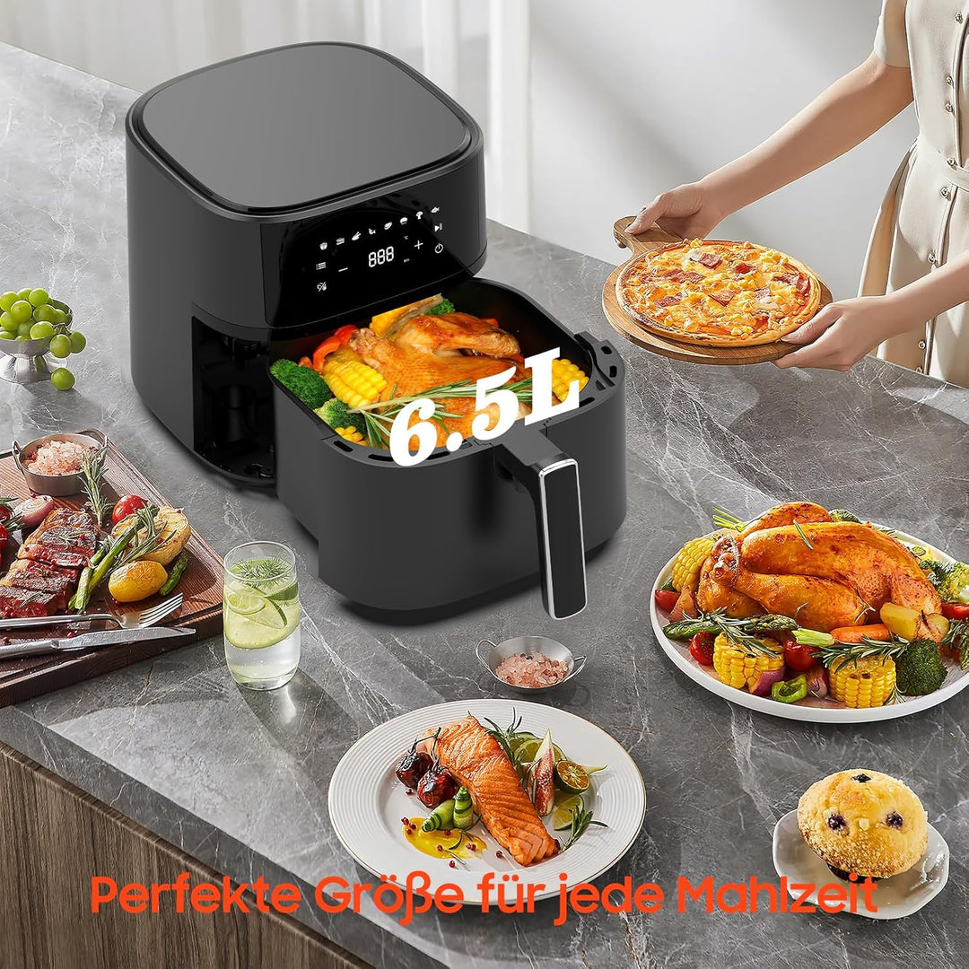 Dewelling Heissluftfritteuse 6,5L XL Airfryer, Leise Friteuse ohne Öl mit 8 Programmen, Touchscreen,