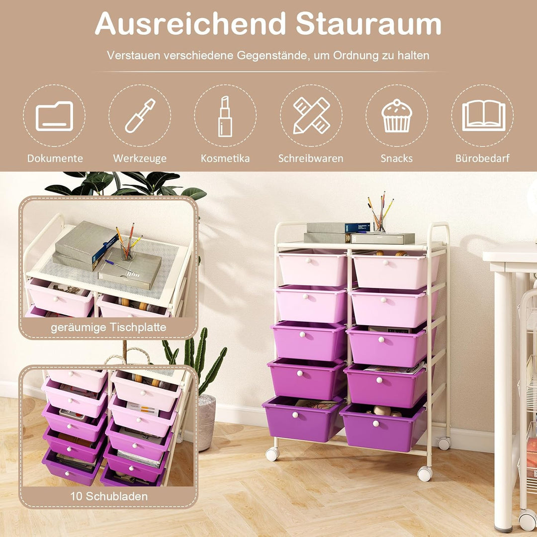 GOPLUS Rollwagen mit 10 Schubladen stapelbar, Schubladenwagen Rollcontainer mit Ablage & Metallgeste