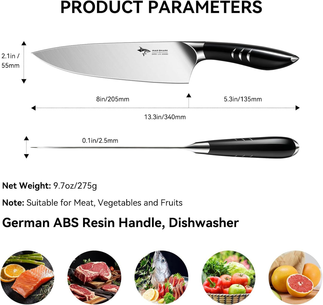 MAD SHARK Kochmesser 20 cm Küchenmesser aus rostfreiem Hochkohlensoffstahl – Profi Kochmesser mit er